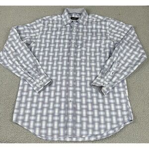 Bugatchi Uomo Shirt Mens‎ Large Blue Black White Plaid Long Sleeve Button Up